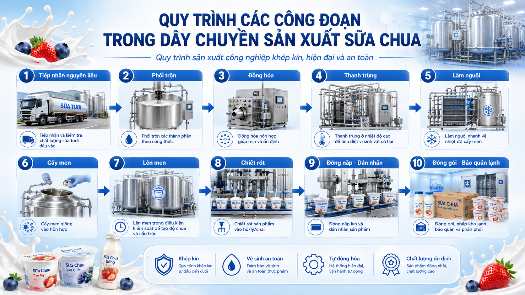 Quy trình các công đoạn trong dây chuyền sản xuất sữa chua